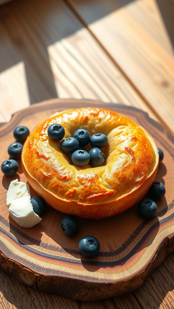 Air fryer blueberry bagels on a wooden board with cream cheese and fresh blueberries.